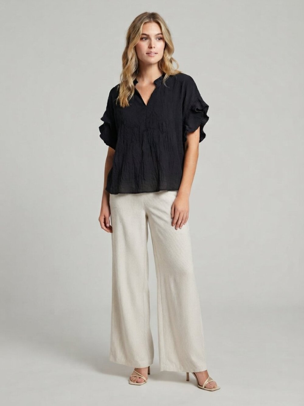 2/$30 J. Jill Crinkle V-Neck Ruffle Blouse Top Black XL #A4709